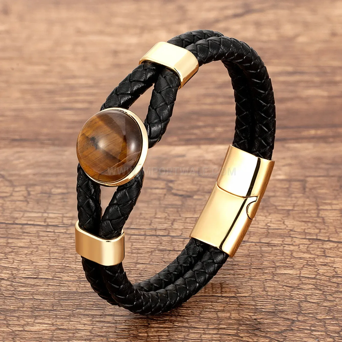 Handcrafted Braided Leather Bracelet with Round Natural Stone Accent