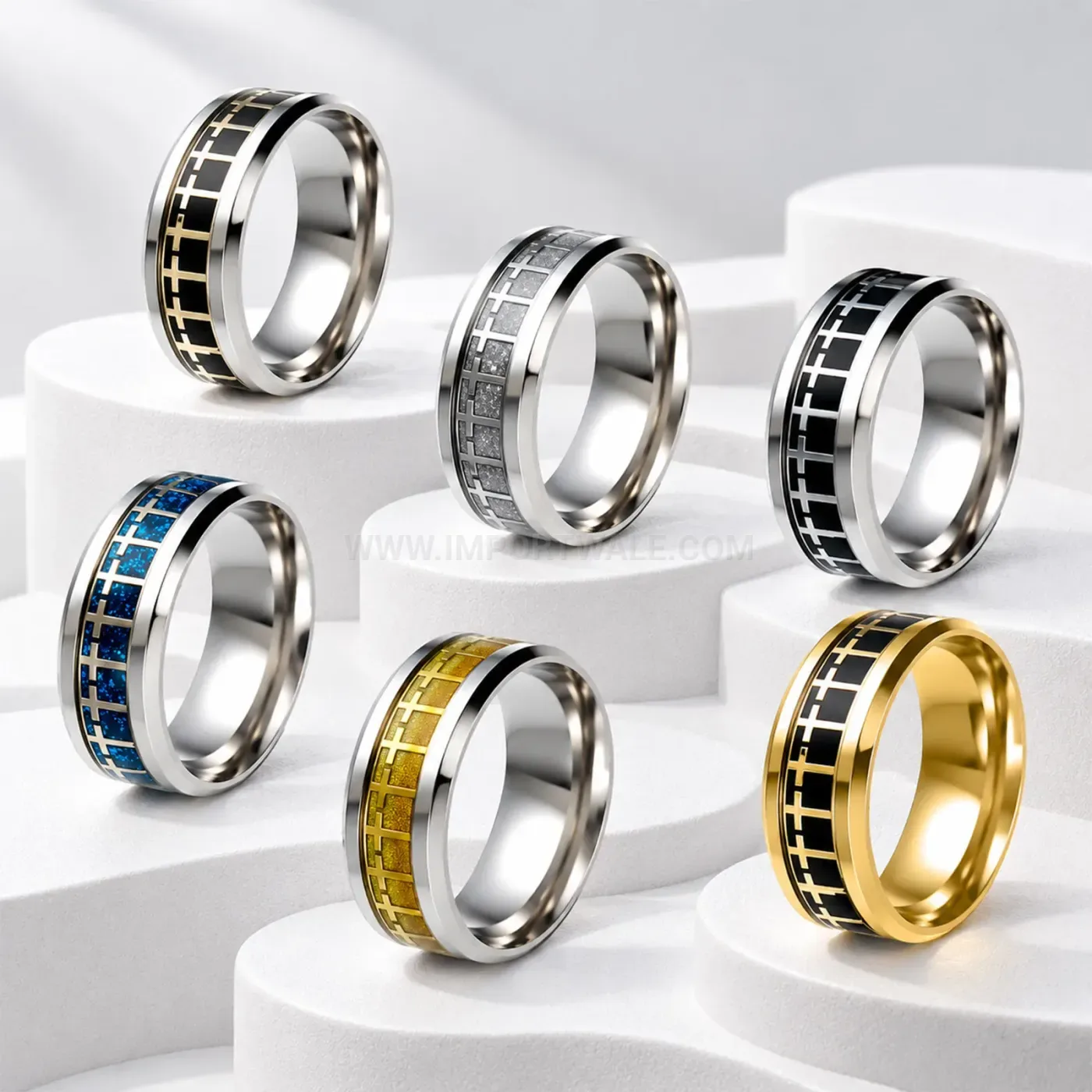 Stainless Steel Wide Band Ring with Cross Texture