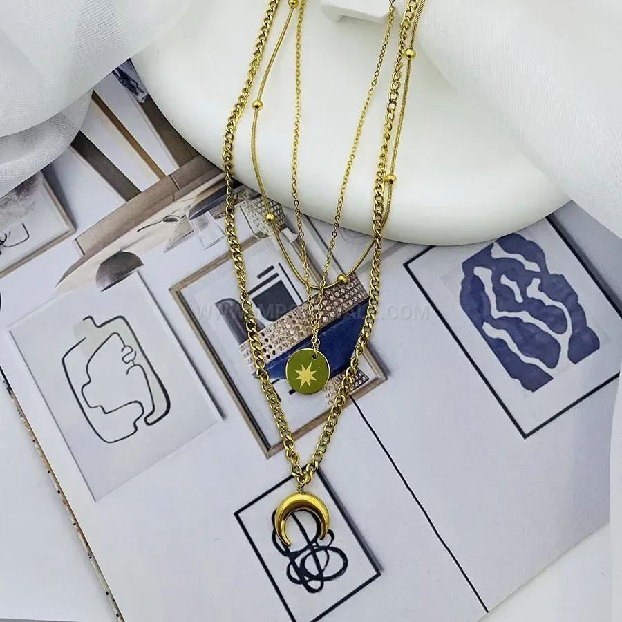 Stylish Layered Titanium Steel Star and Moon Pendant Necklace