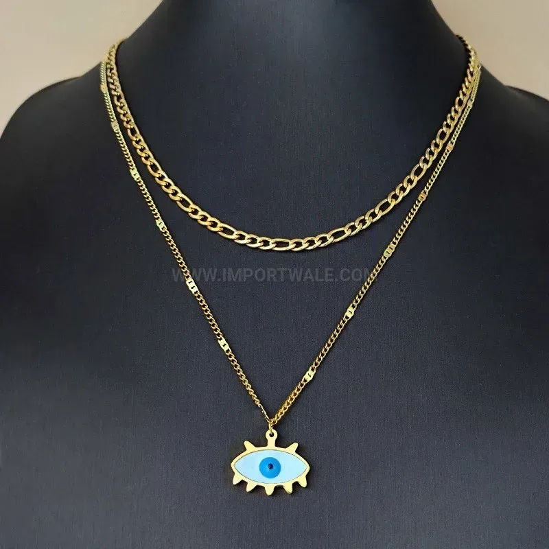 Chic Double Layered Gold Tone Titanium Steel Evil Eye Chain Necklace