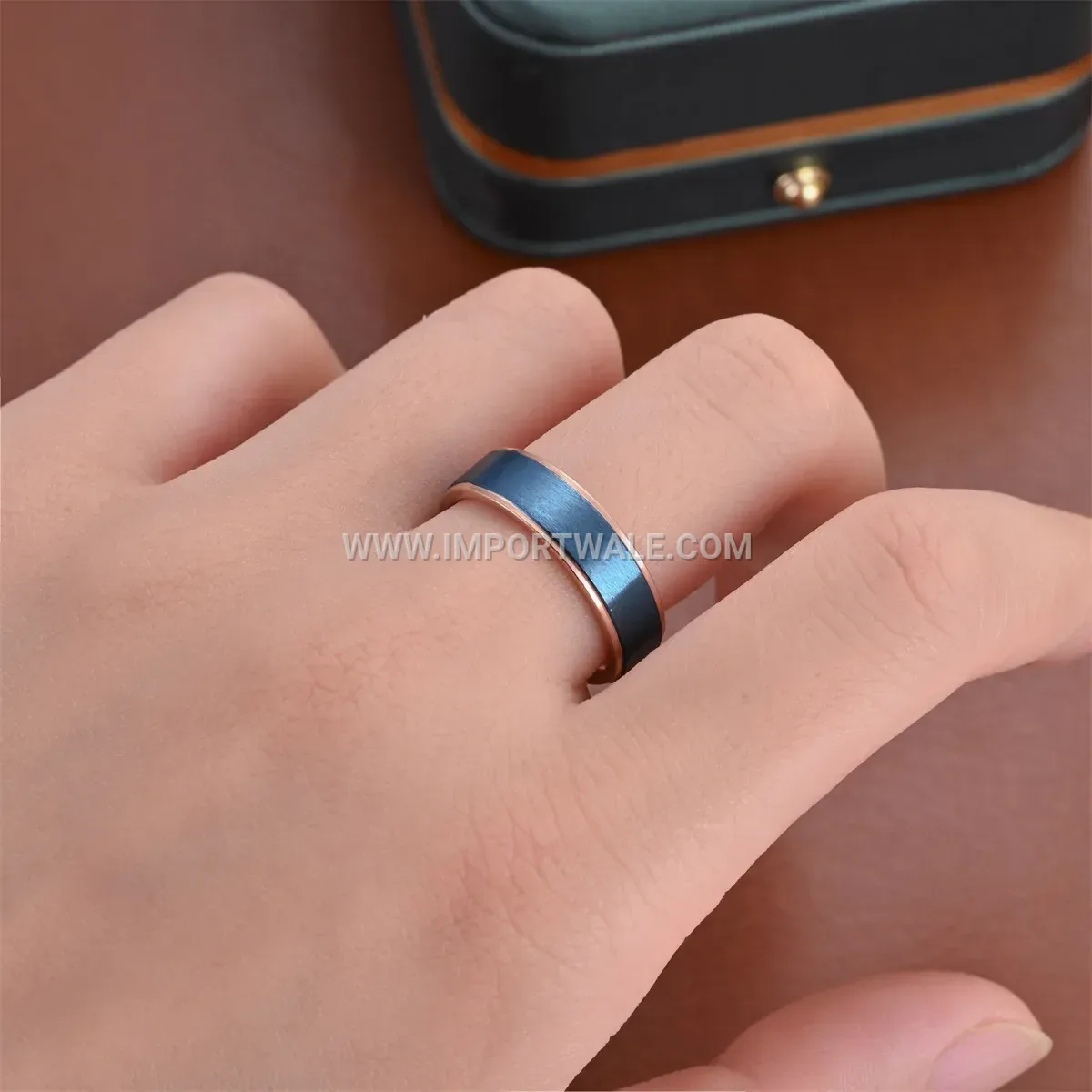 Two Tone Rose Gold and Blue Stepped Stainless Steel Ring