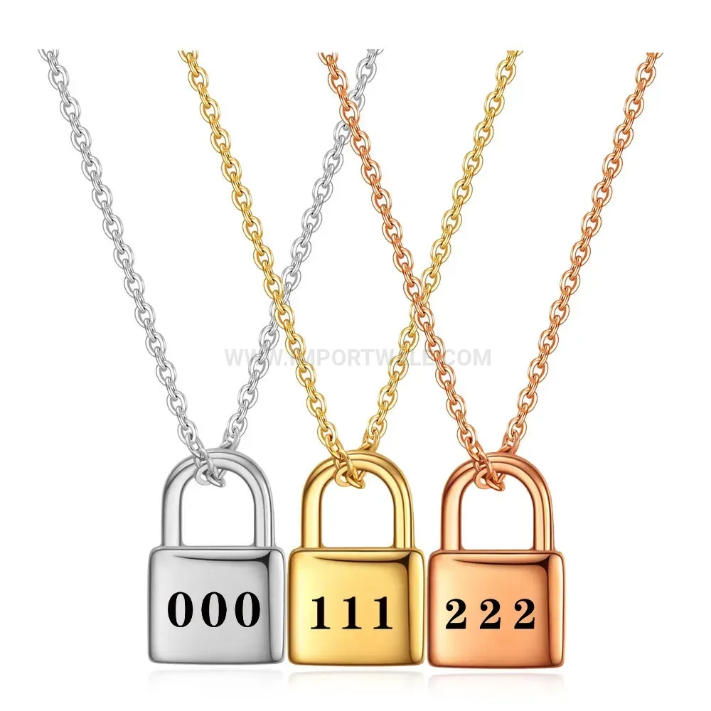 Laser Engraved Lucky Number Lock Pendant Stainless Steel Necklace