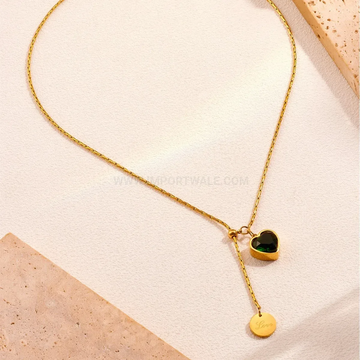 Premium Adjustable Gold Titanium Steel Heart Necklace with Emerald Zircon