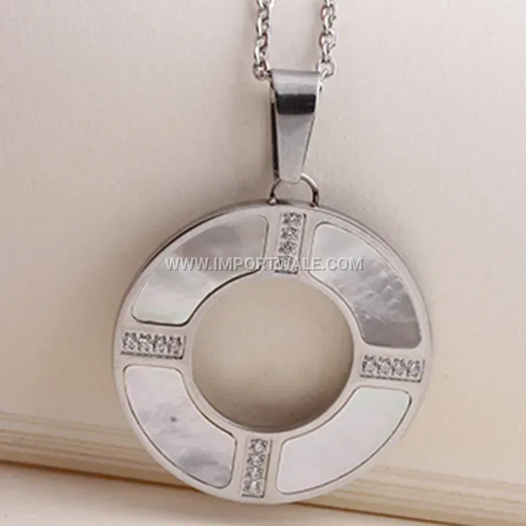 Layered Stainless Steel Shell Ring Pendant Necklace with Rhinestones