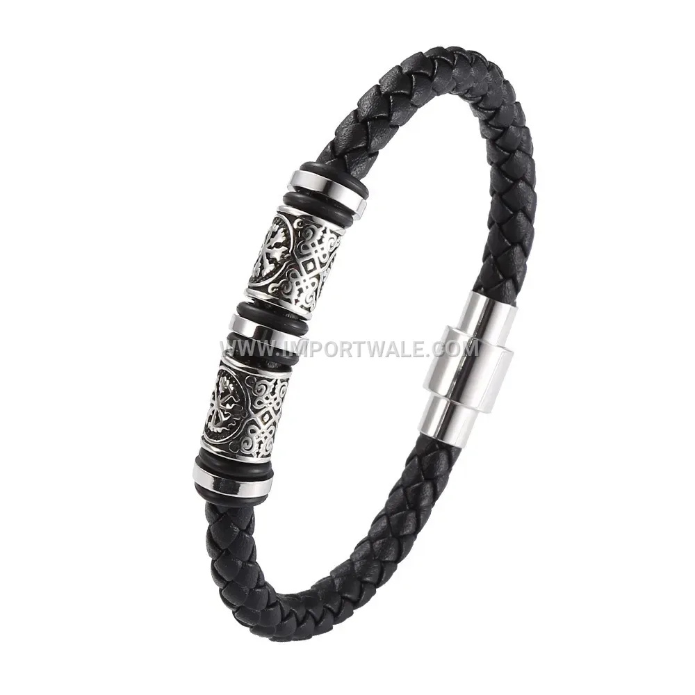 Woven Braided Leather and Stainless Steel Charm Bracelet