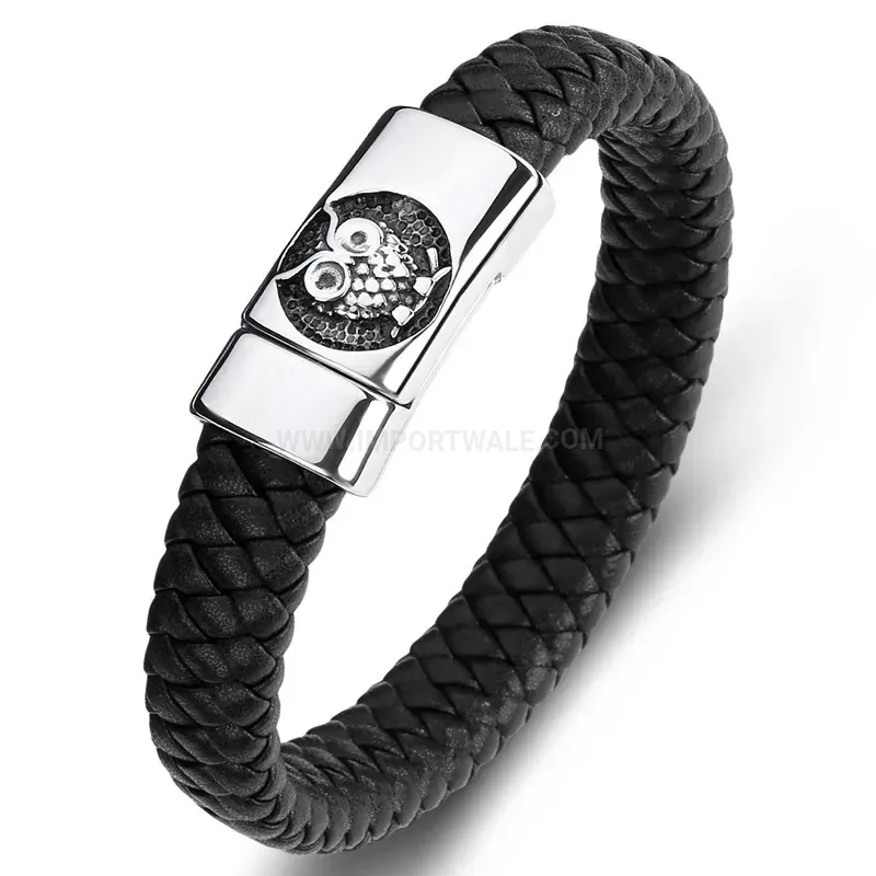 Owl Animal Accent Stainless Steel Leather Wristband Bracelet