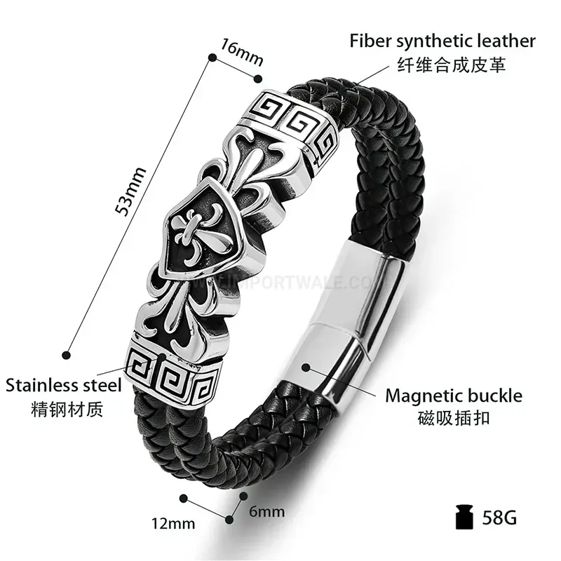 Modern Engraved Stainless Steel Dual-Tone Leather Men's Bracelet
