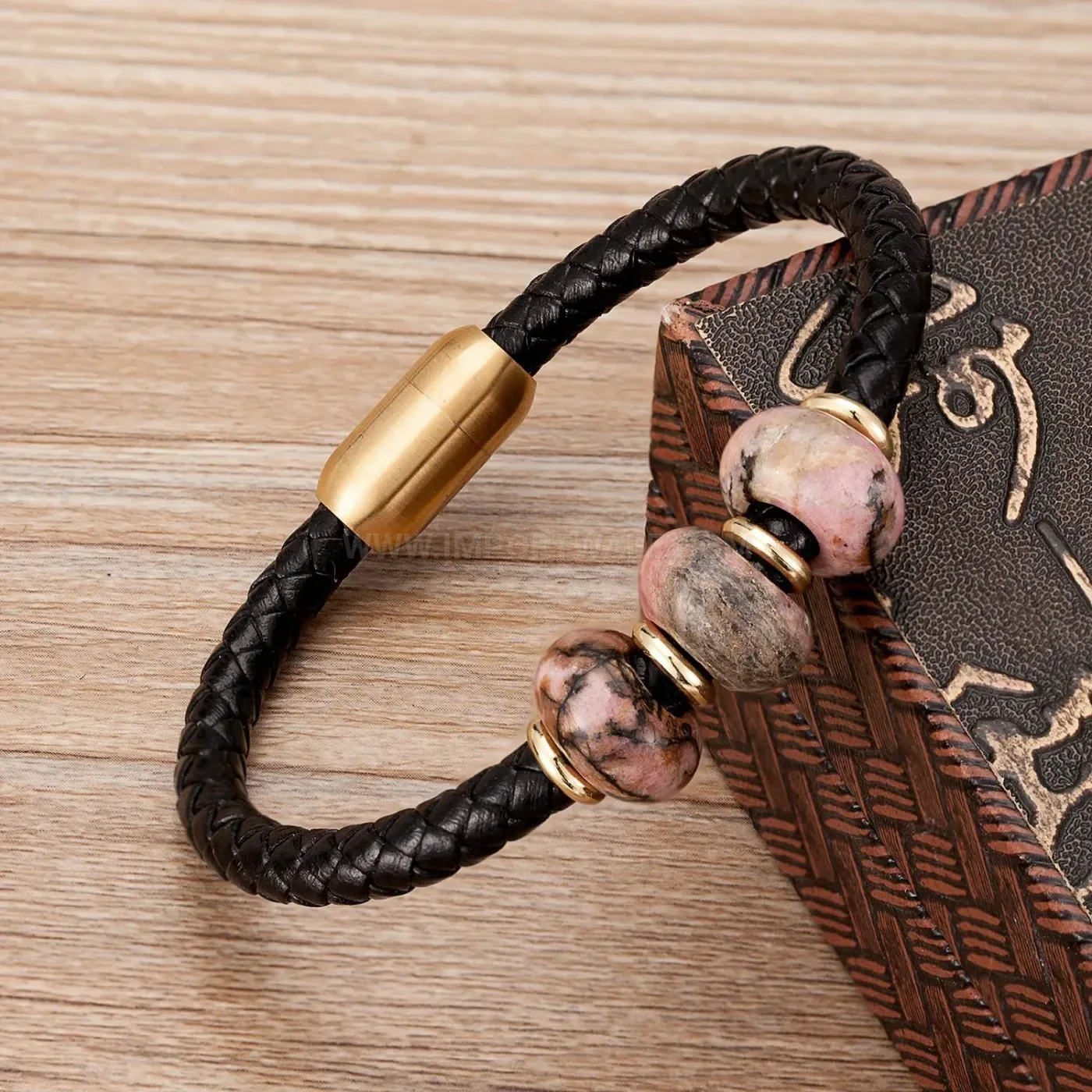 Braided Leather and Stone Cuff Bracelet with Stainless Steel Clasp