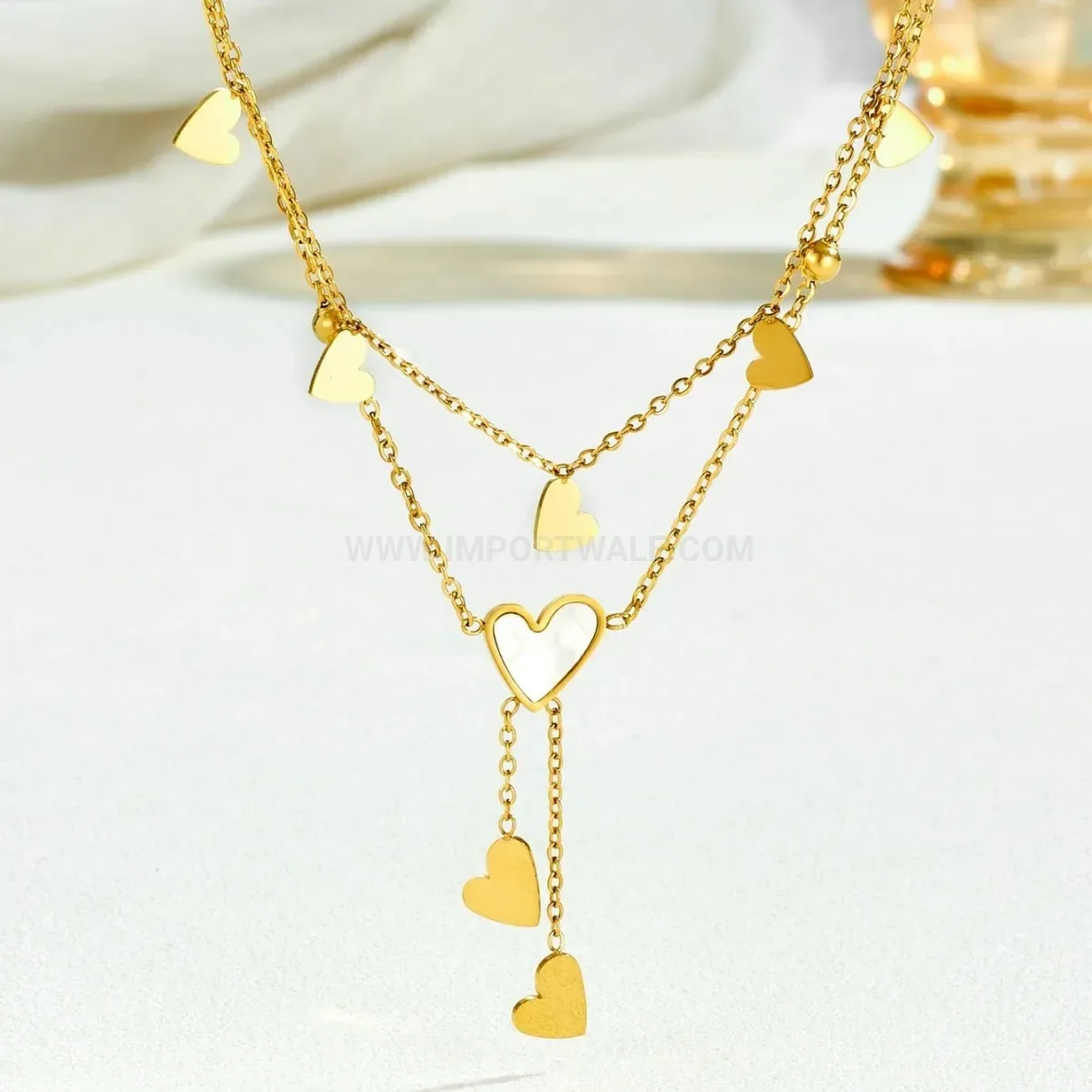 Gold Titanium Steel Heart Tassel Pendant Necklace