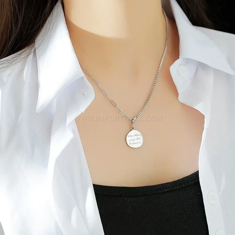 Bold Silver Pendant Irregular Round Disc Titanium Steel Chain Necklace