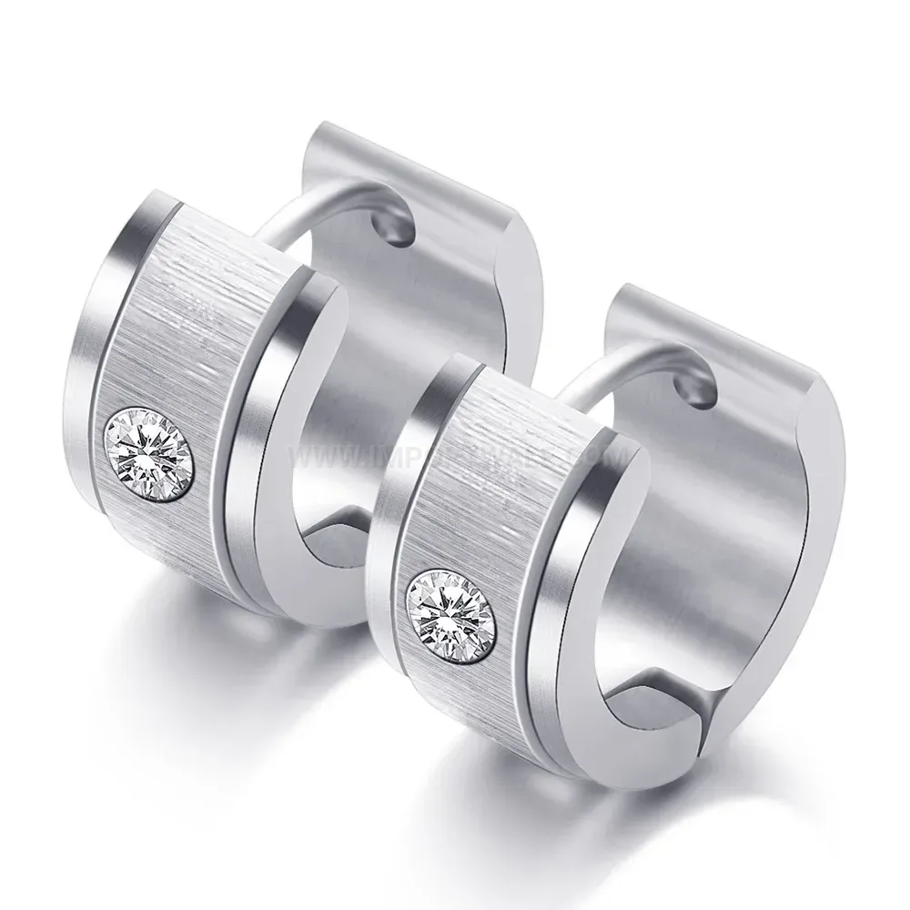 Modern Brushed Stainless Steel Zirconia Huggie Hoop Earrings