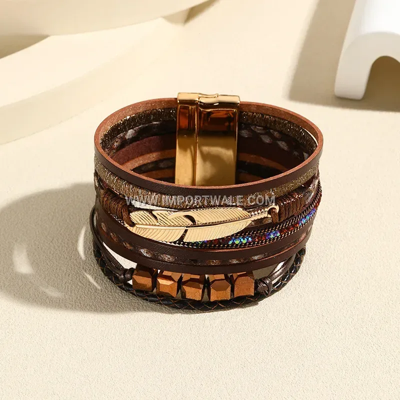 Bohemian Multi-Layer Wide Leather Feather Bracelet