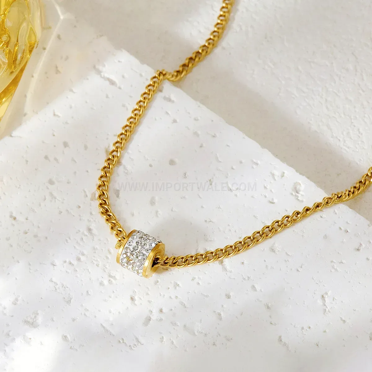 Gold Zircon Cylinder Stainless Steel Clavicle Pendant Necklace