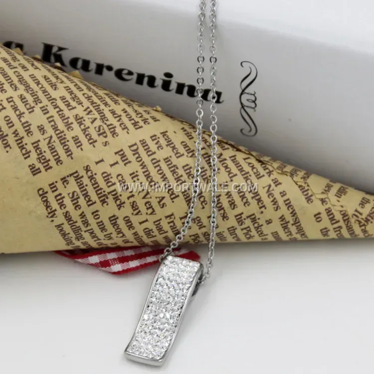 Silver Stainless Steel Rectangular Rhinestone Pendant Necklace