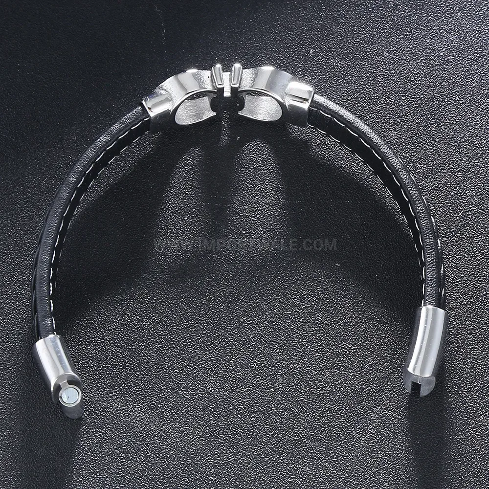 Stitched Braided Leather Wristband with Steel Clasp