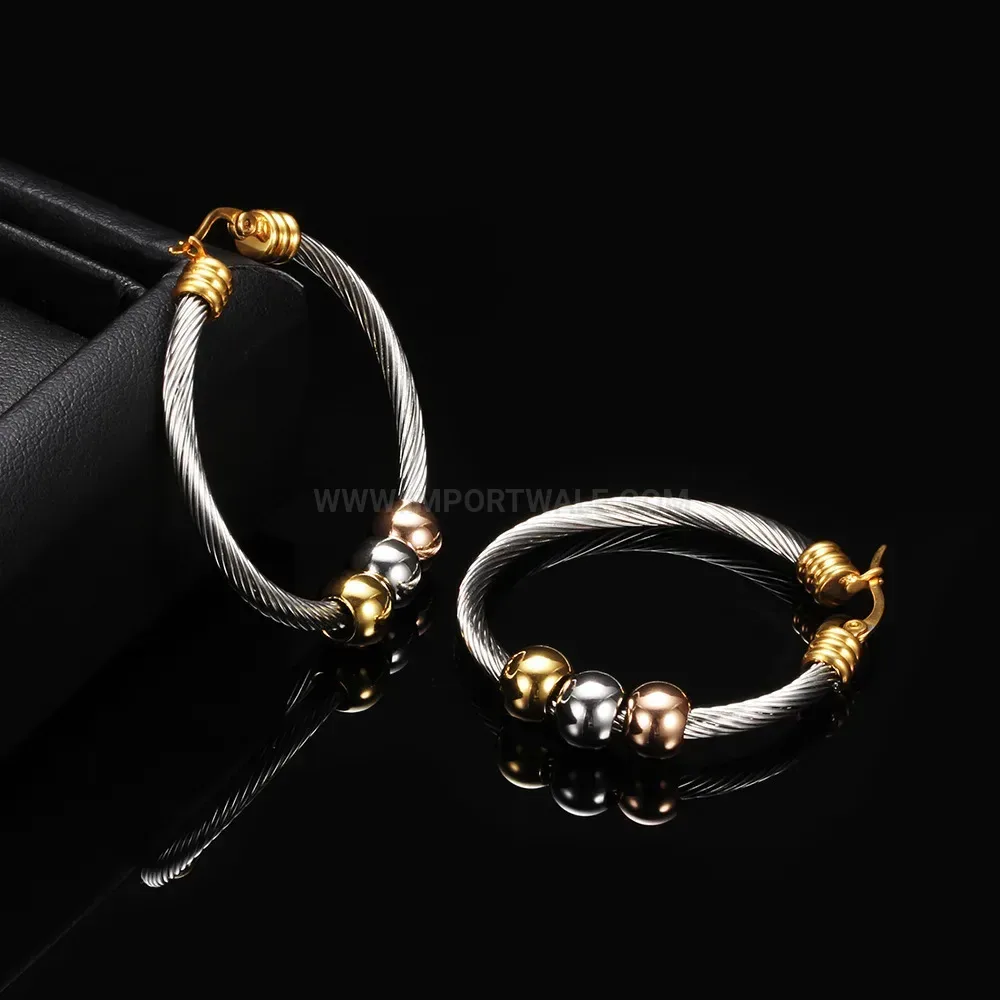 Designer Tri Tone Beaded Stainless Steel Cable Hoop Earrings