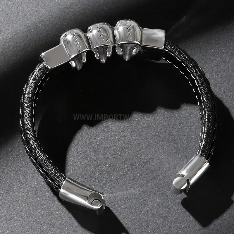 Designer Handcrafted Leather Bracelet Featuring Stainless Steel Skull Hardware