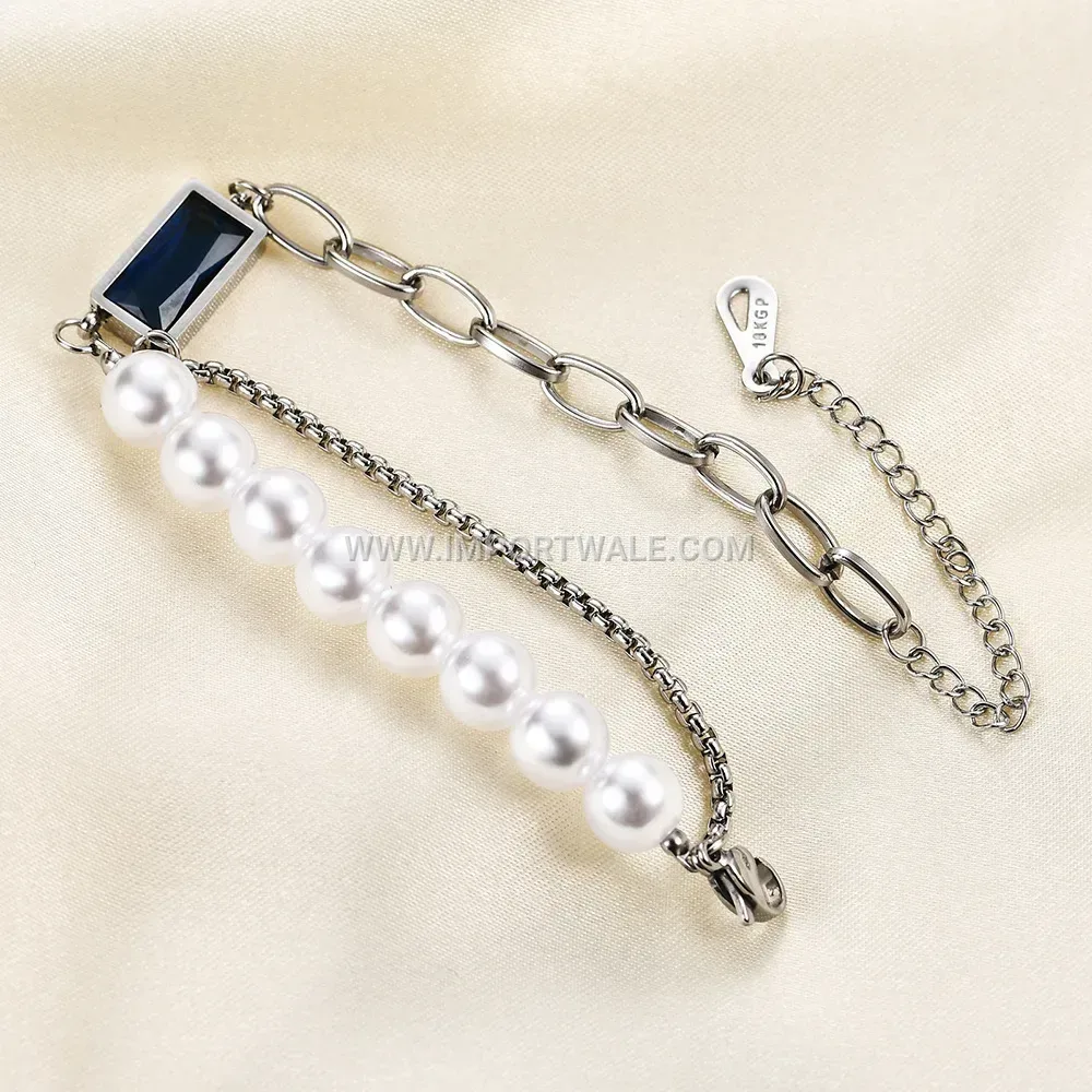Double Layer Stainless Steel Link Bracelet with Sapphire and Imitation Pearl