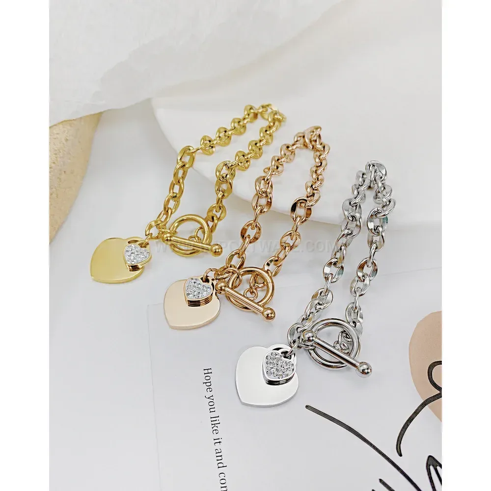 Trendy Crystal-Paved Heart Titanium Steel OT Buckle Bracelet