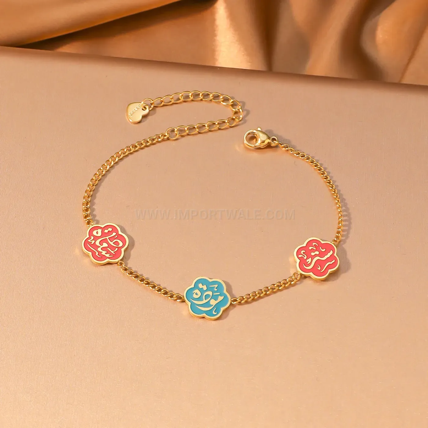 Stainless Steel Enamel Flower Charm Arabic Calligraphy Chain Bracelet
