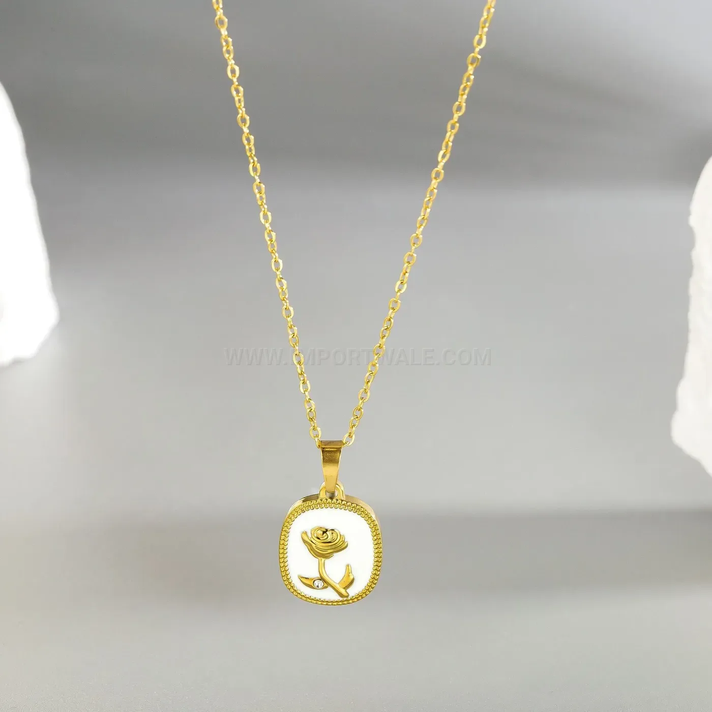 Chic Gold French Vintage White Enamel Rose Pendant Necklace