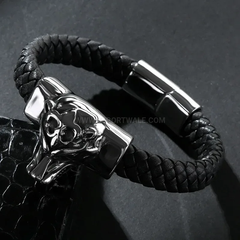 Elegant Fierce Wolf Motif Leather Stainless Steel Men Bracelet