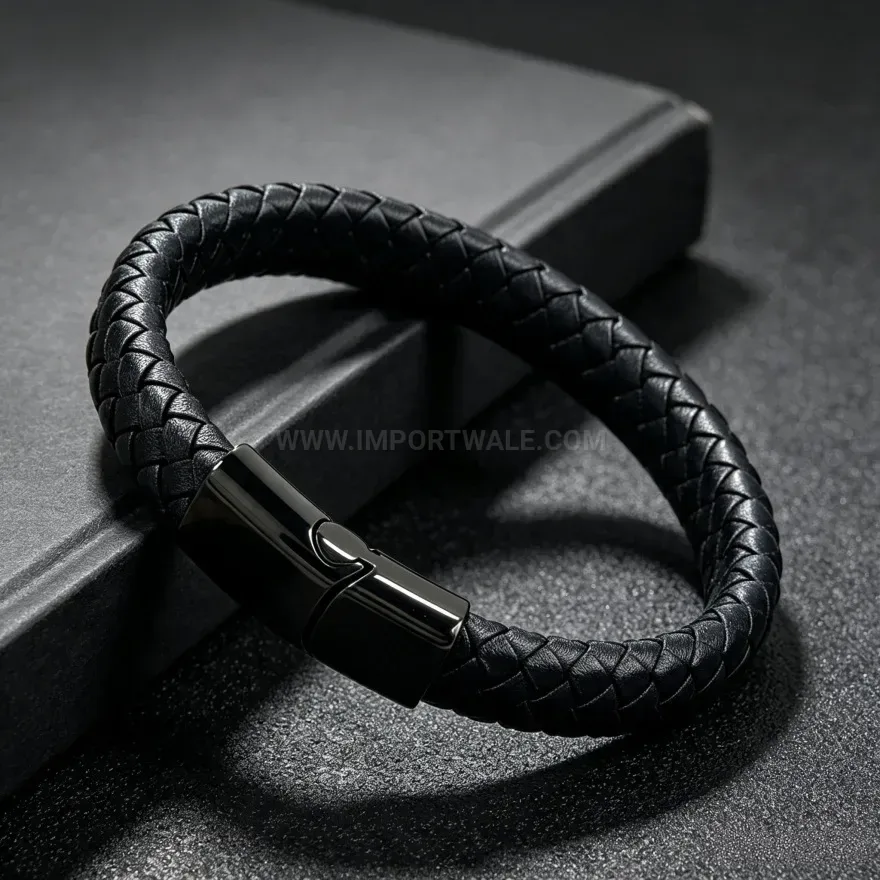 Trendy Braided Leather Stainless Steel Magnetic Clasp Wristband