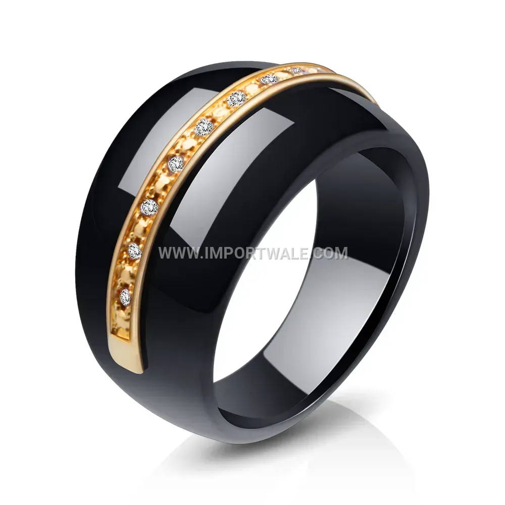 Two-Tone Ceramic Stainless Steel Crystal Band Ring