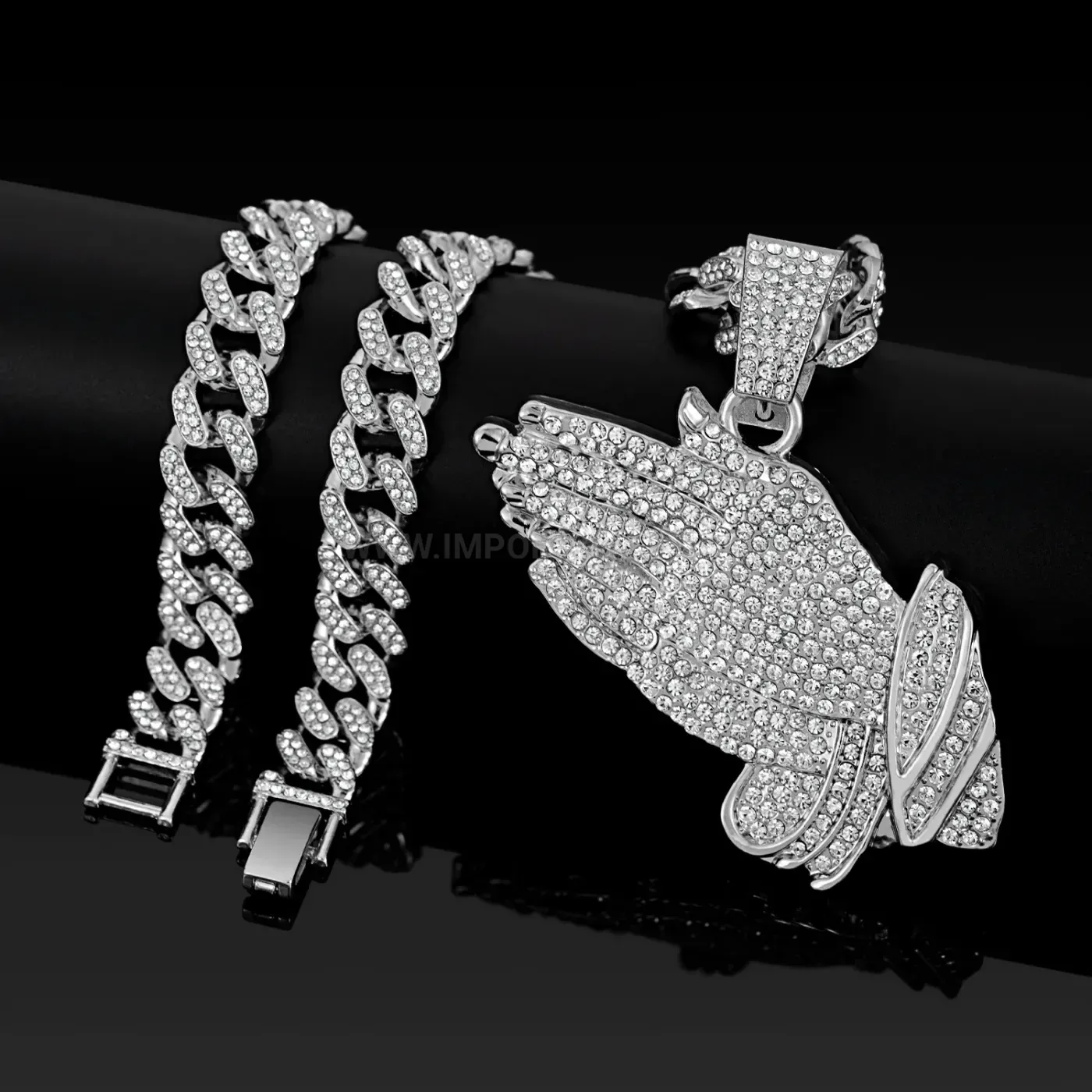 Classic Iced Out Praying Hands Pendant Cuban Chain Necklace
