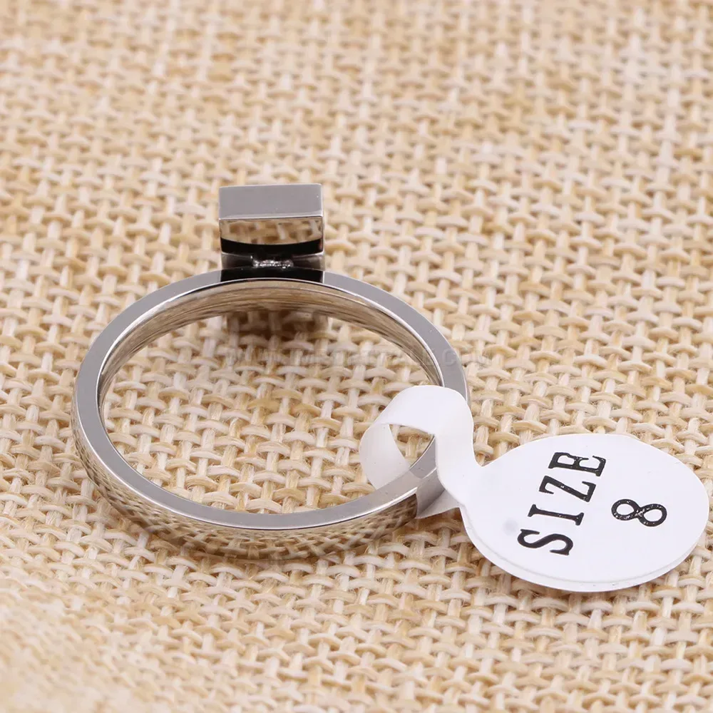 Modern Square Crystal Inset Stainless Steel Statement Ring