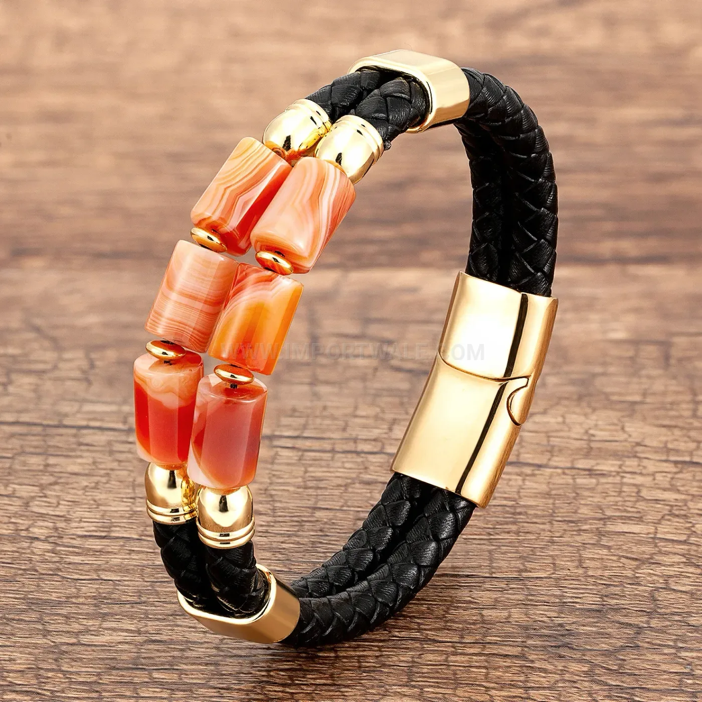 Woven Leather Stone Cuff Bracelet with Stainless Steel