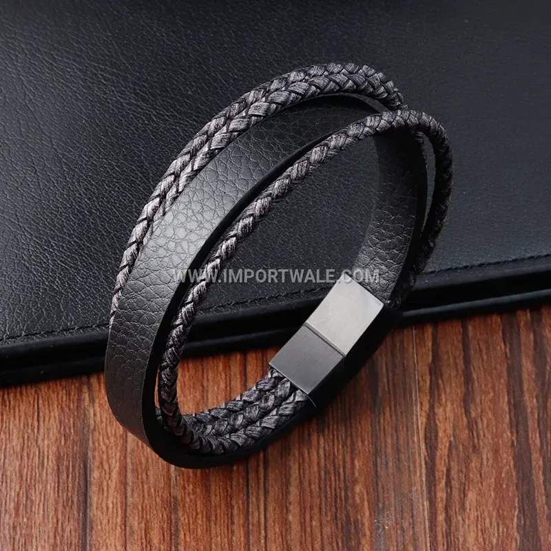 Multi-Strand Woven Leather Rope Bracelet with Alloy Hardware