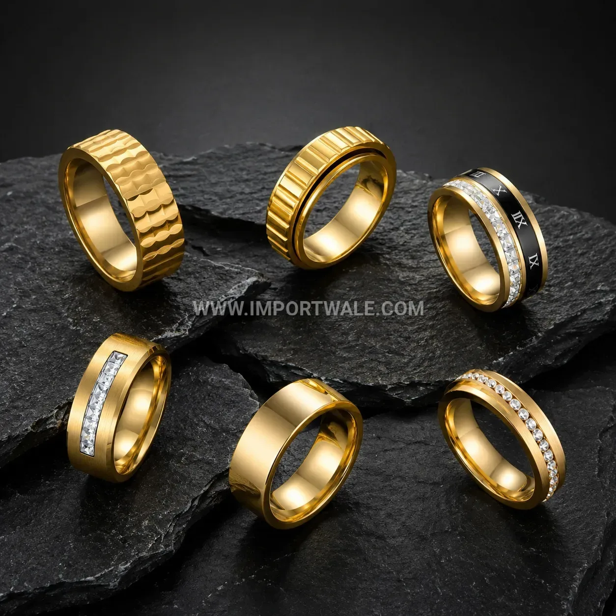 Gold Plated Stainless Steel Textured Band Ring Set