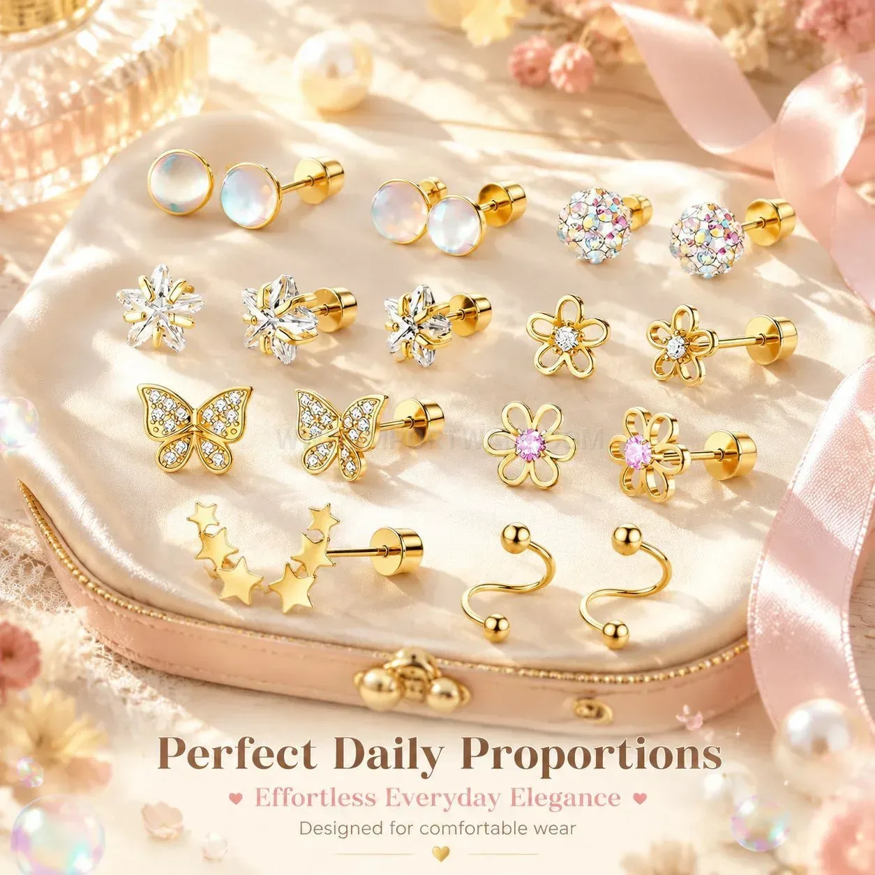 Chic Stainless Steel Floral Butterfly Star Rhinestone Piercing Stud Earring Set