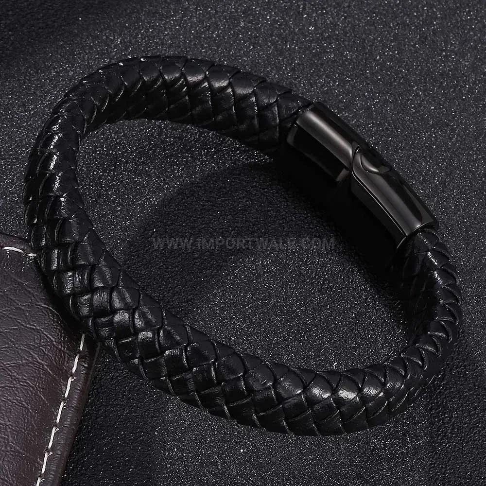 Braided Leather Wristband with Stainless Steel Magnetic Clasp Accent