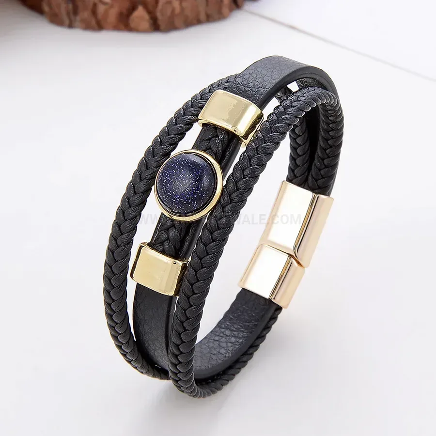 Multi-Strand Woven Leather Wristband with Stone Details and Stainless Clasp