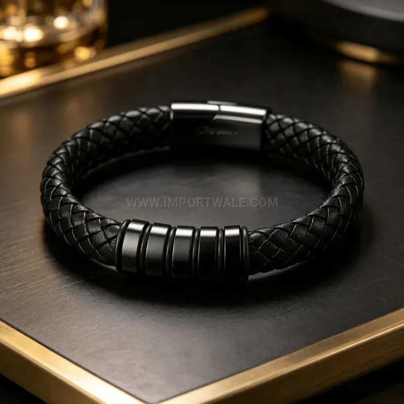 Elegant Custom Stainless Steel and Leather Beaded Magnetic Bracelet