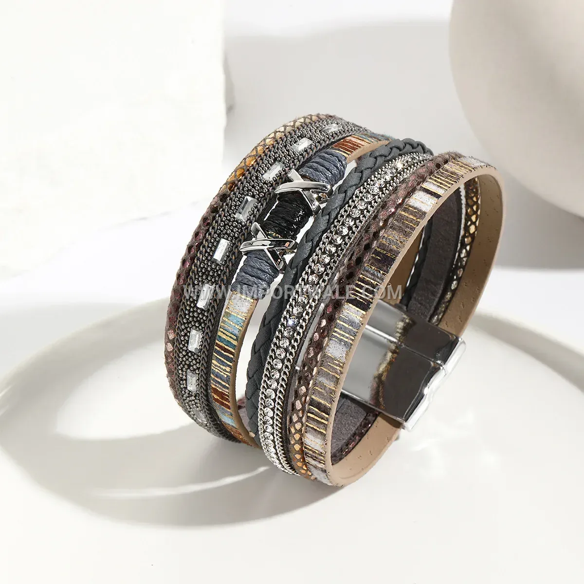 Multi Layer Beaded Faux Leather Bracelet With Magnetic Clasp