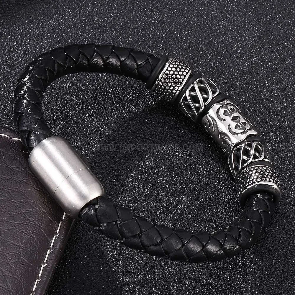 Braided Genuine Leather Cord Wristband With Vintage Stainless Steel Clasp