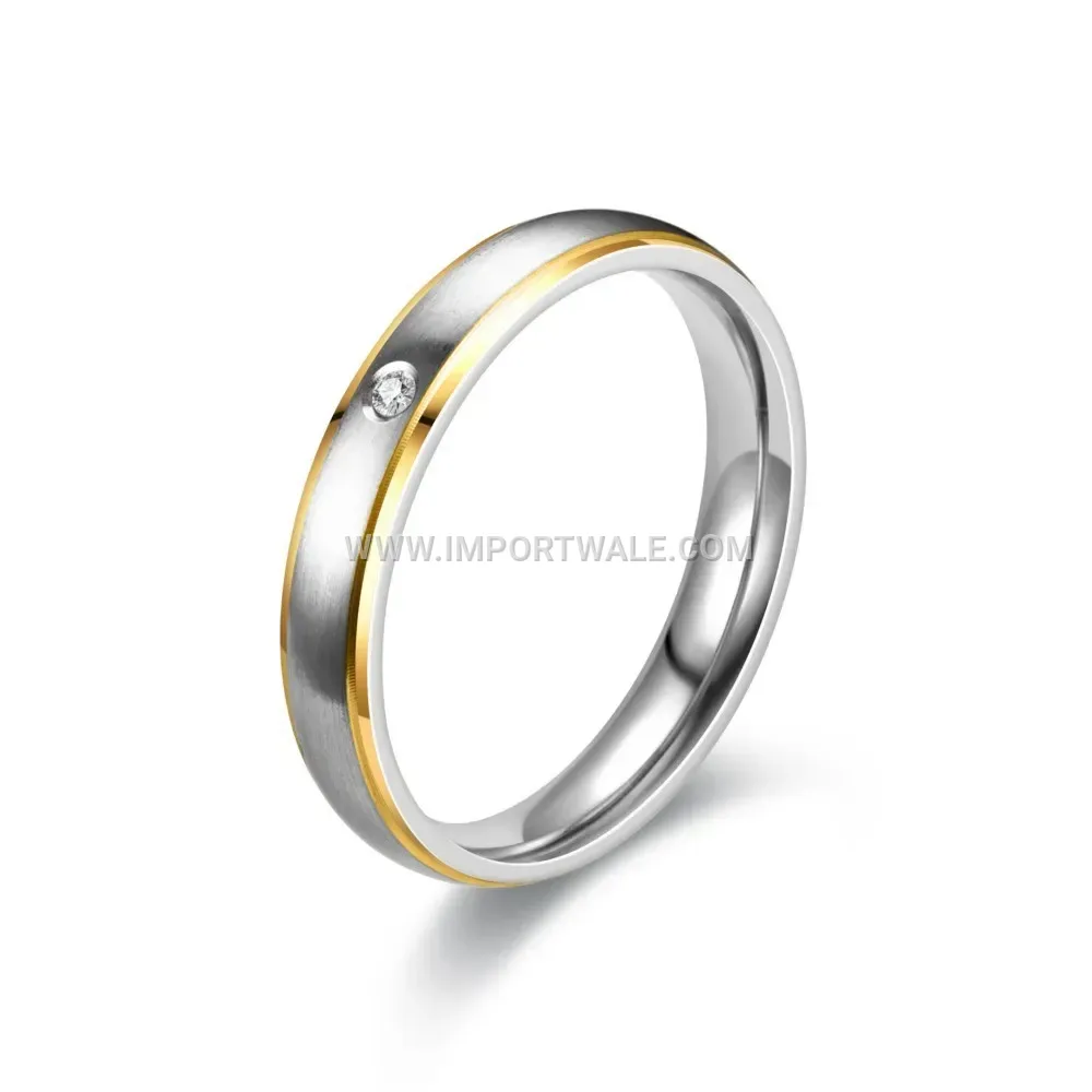 Two-Tone Zircon Stainless Steel Beveled Band Ring