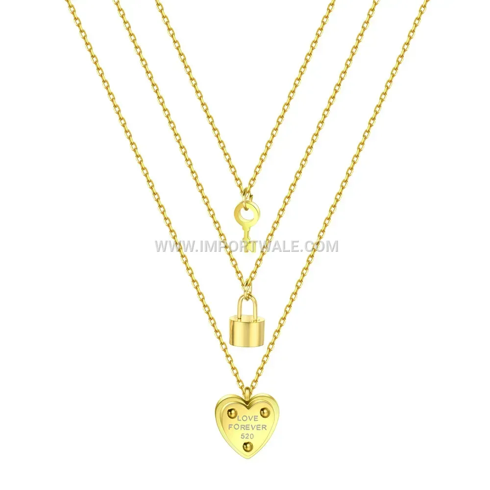 Gold Stainless Steel Layered Heart Lock Sweater Chain Necklace