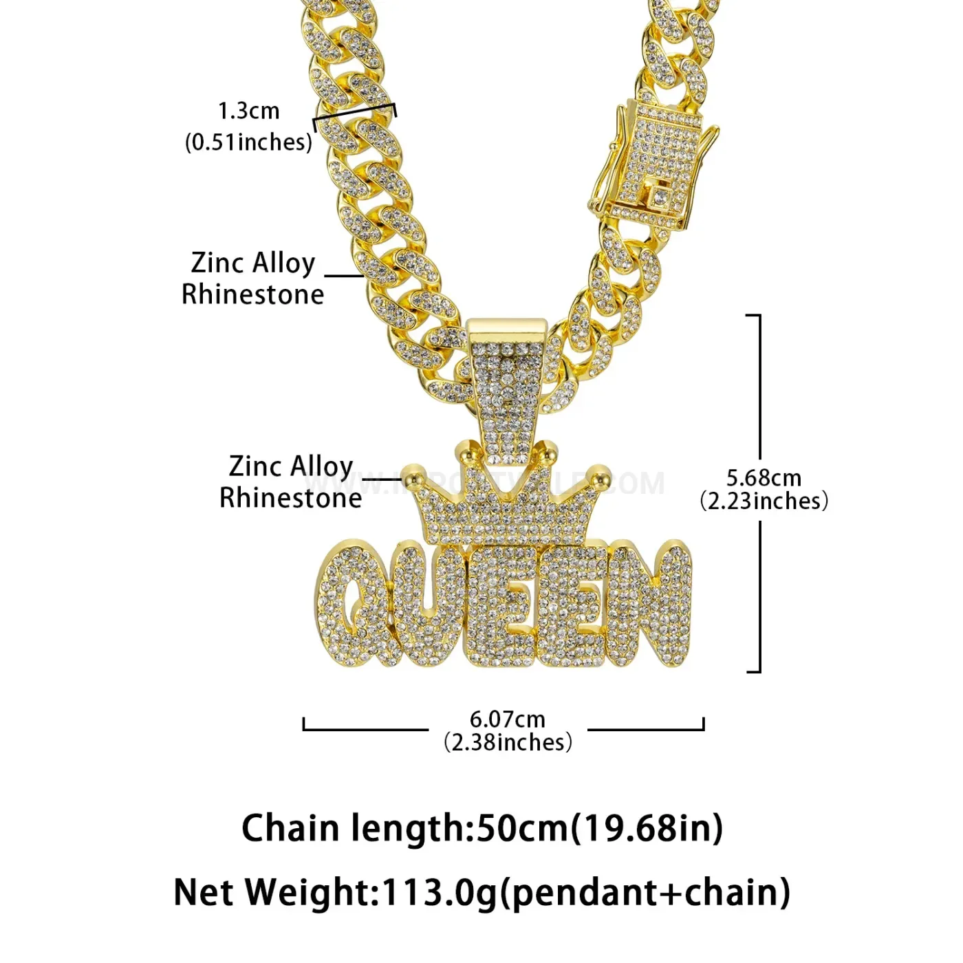 Rhinestone Queen Letter Crown Pendant Cuban Chain Necklace