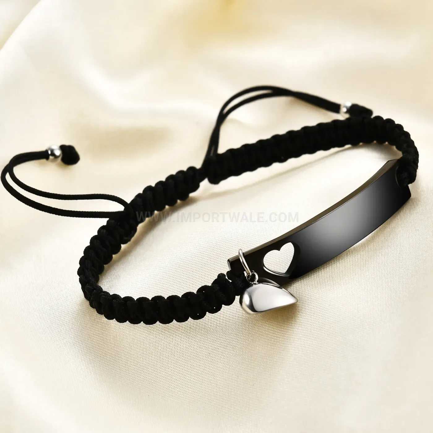 Engraved Stainless Steel Bar Woven Heart Magnetic Couple Bracelet Set