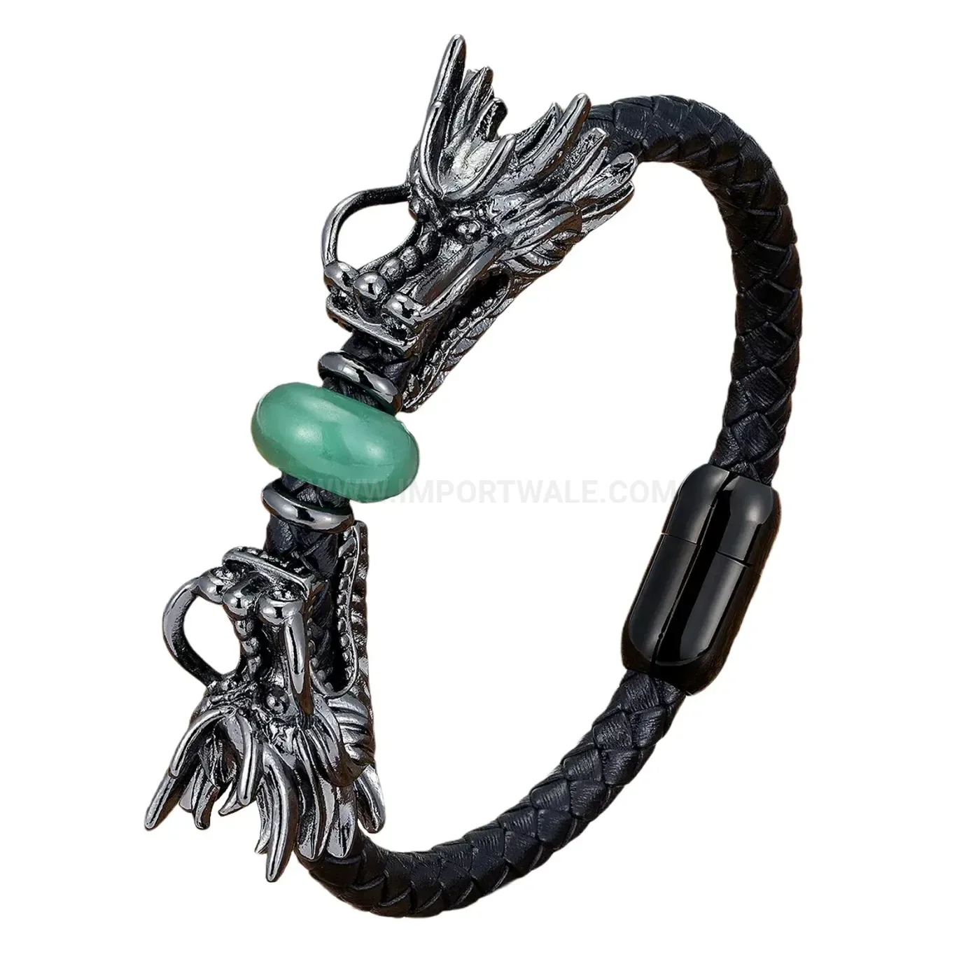 Double Dragon Head Leather Braided Stone Bracelet
