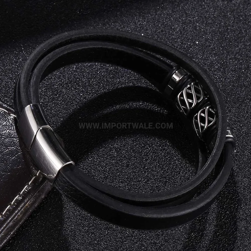 Multi-Layer Woven Leather Stainless Steel Bangle Wristband for Men