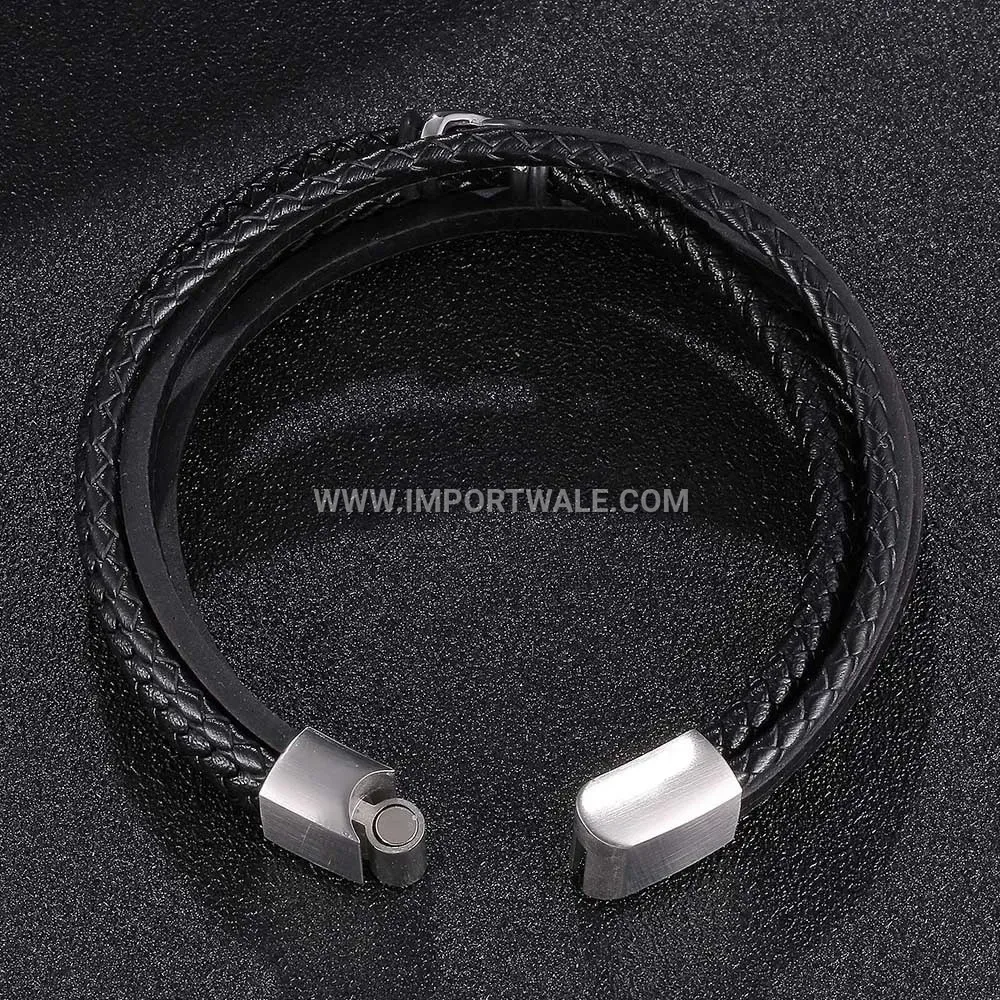 Multi Layer Braided Leather Stainless Steel Magnetic Clasp Bracelet