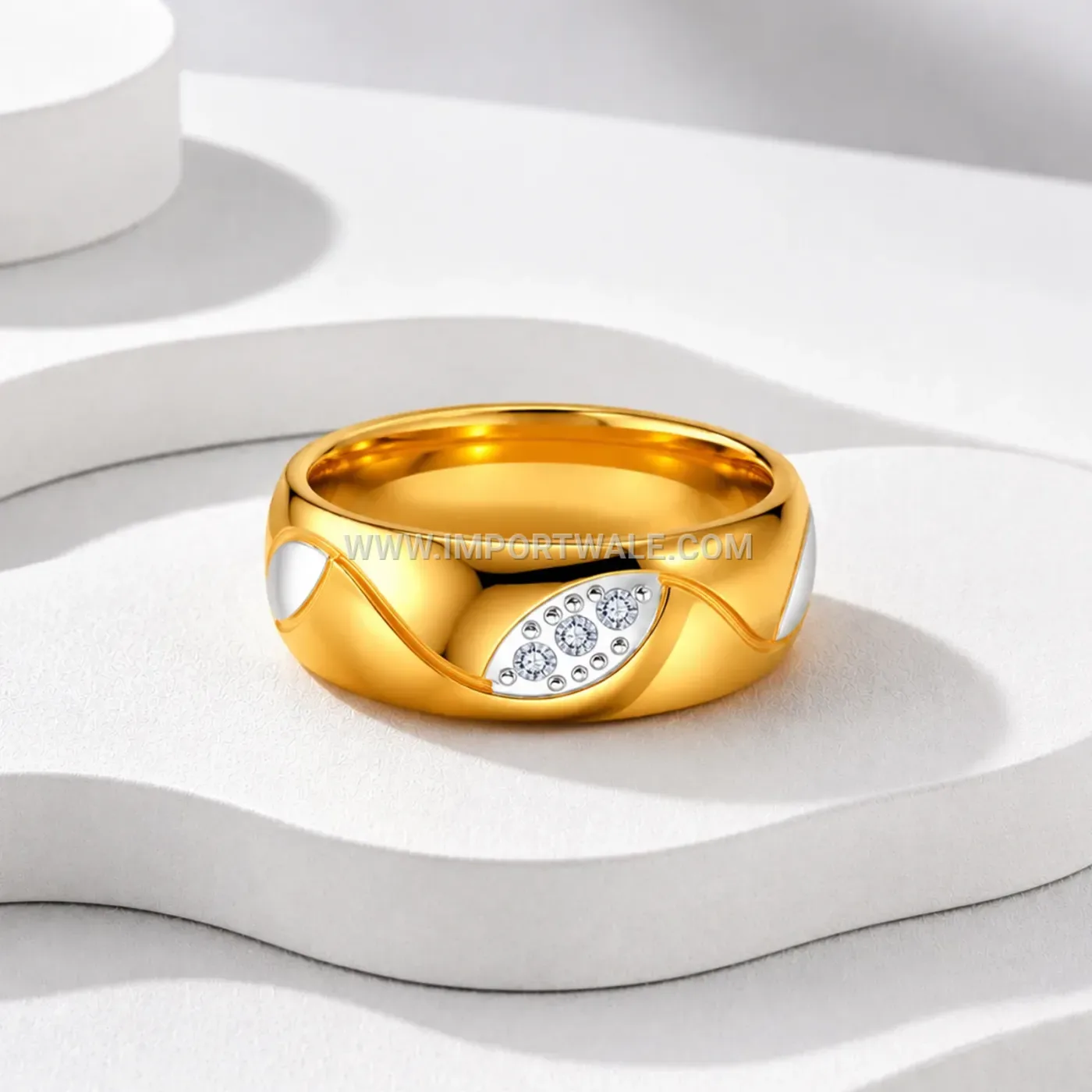 Wave Pattern Stainless Steel Rhinestone Band Ring