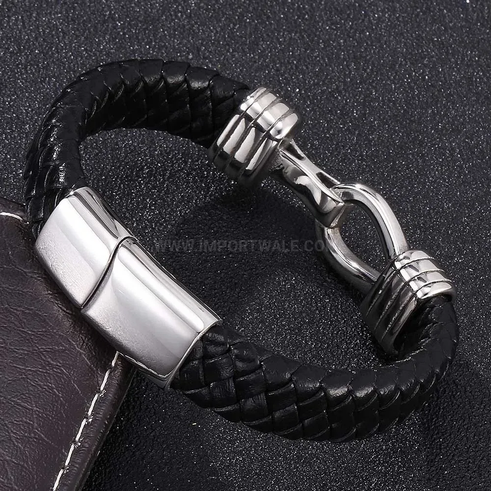 Woven Black Leather Wristband With Stainless Steel Hardware Accents