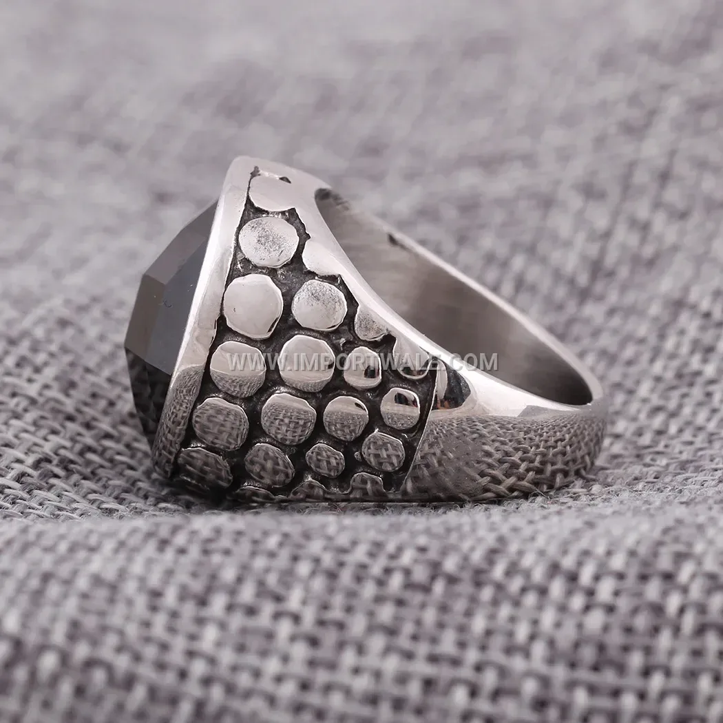 Vintage Stainless Steel Black Gemstone Palace Signet Ring