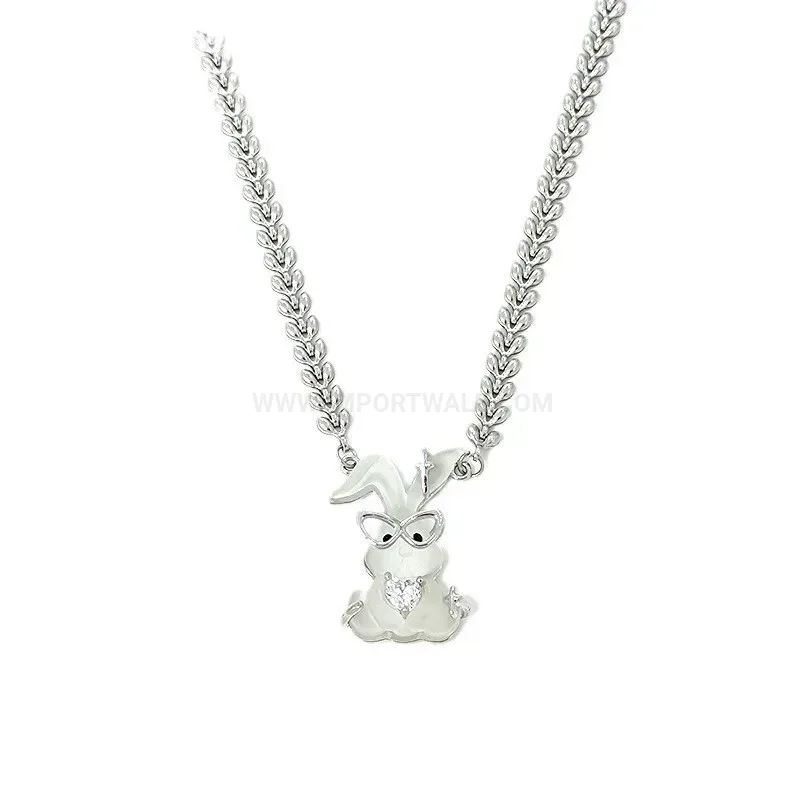 Frosted Steel Rabbit Pendant Sweater Chain Necklace